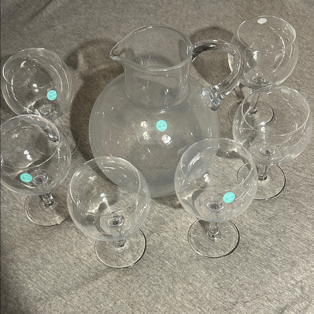 Tiffany & Co. Clear Glass Pitcher and Goblet Set